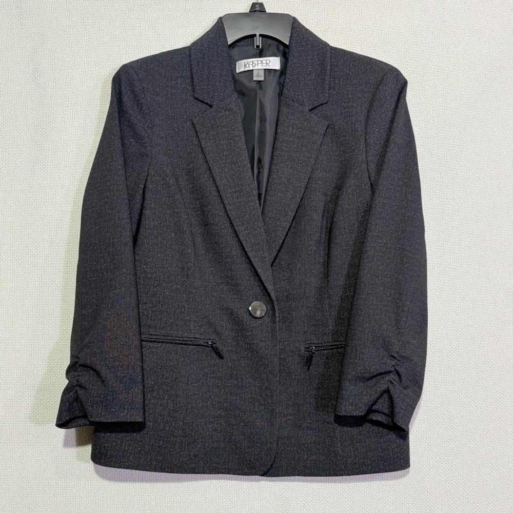 Kasper Womens Charcoal Grey Ruched Sleeve Blazer Suit‎ Jacket Size 8